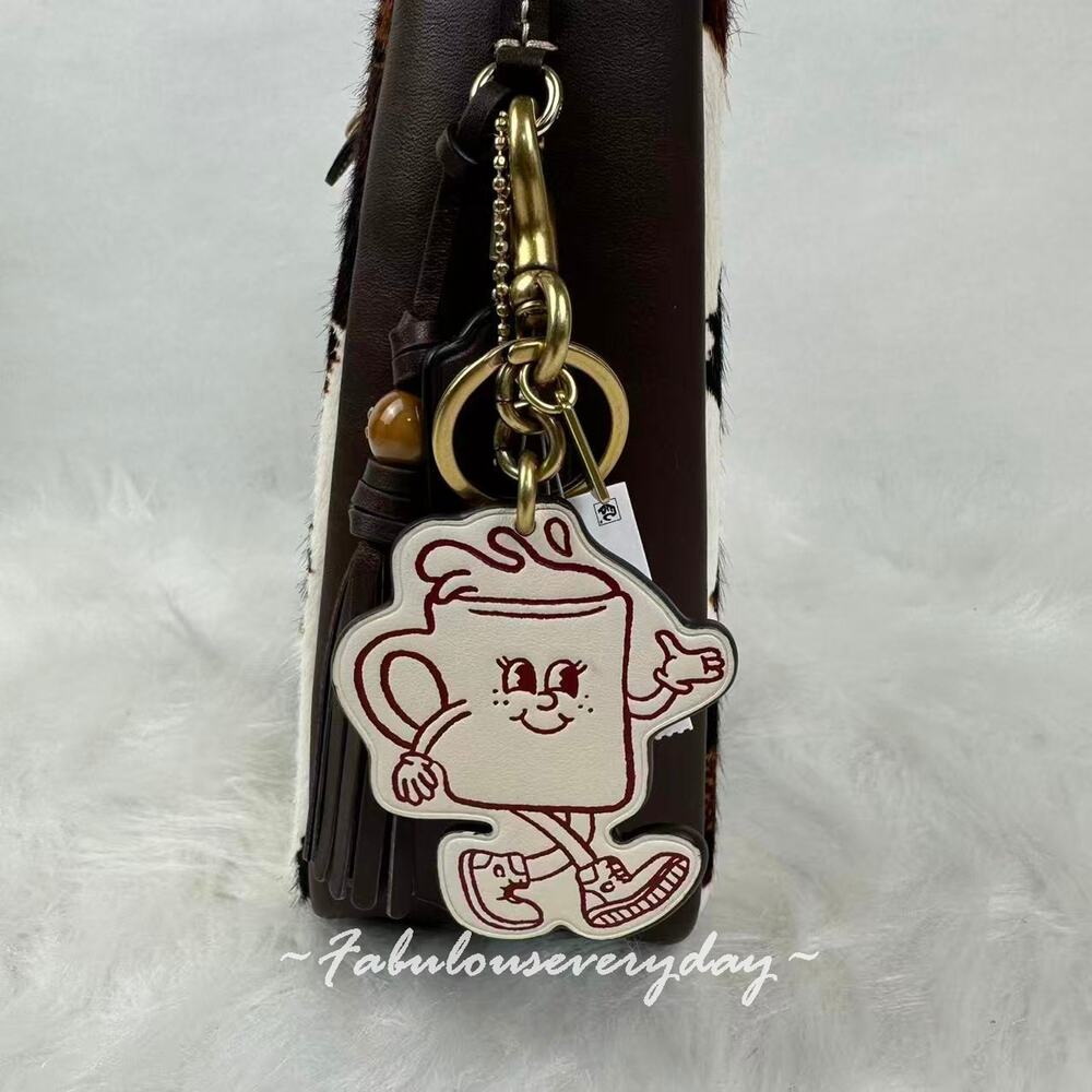 COACH Coffee Cup Bag Charm Lil Miss Jo In Leather/Brass/Chalk Multi New